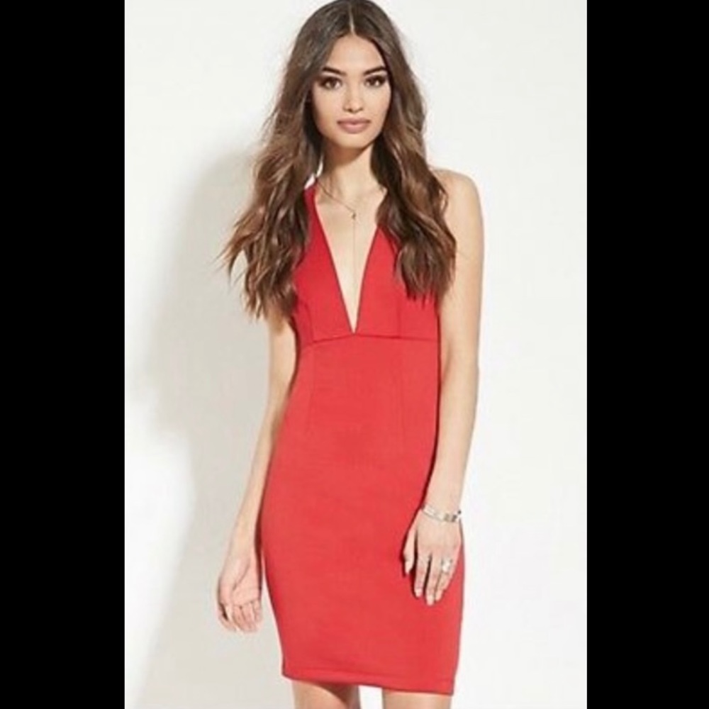 FOREVER 21 Red Deep-V Sheath Dress SMALL
